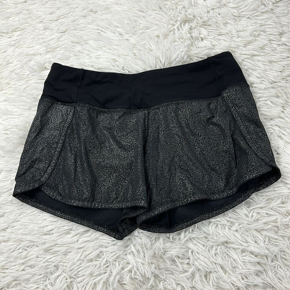 Lululemon Run Times Short II 4" Luminosity Foil Print Black Silver / Black
